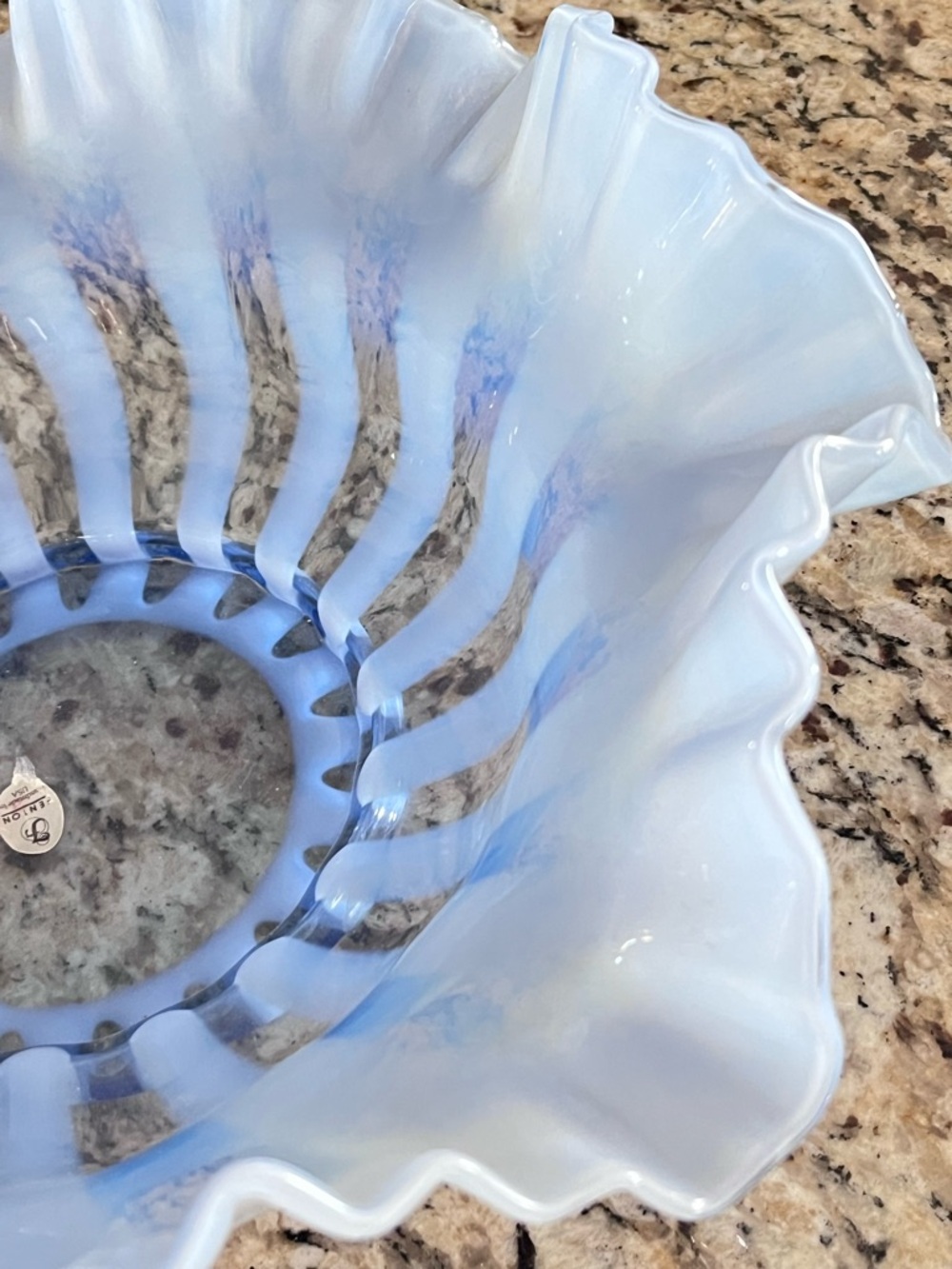 Vintage Fenton Provincial Blue Rib Optic Opalescent Bride’s Bowl Double Ruffle - Picture 7 of 11